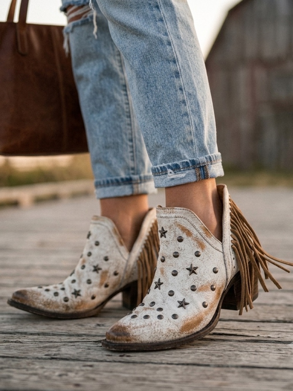 Circle G Cream Fringe Genuine Leather Celestial Ankle Cowboy Boots Women’s US 7